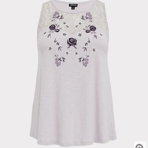 Torrid Lilac Embroidered Lace Yoke Tank Top